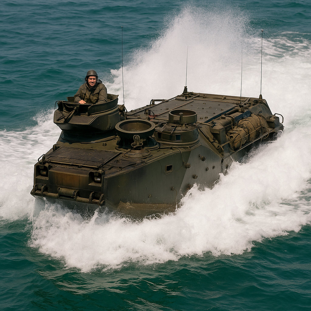 Military vehicle driving through water with waves, carrying a soldier, equipped with antennas and gear on the side.
