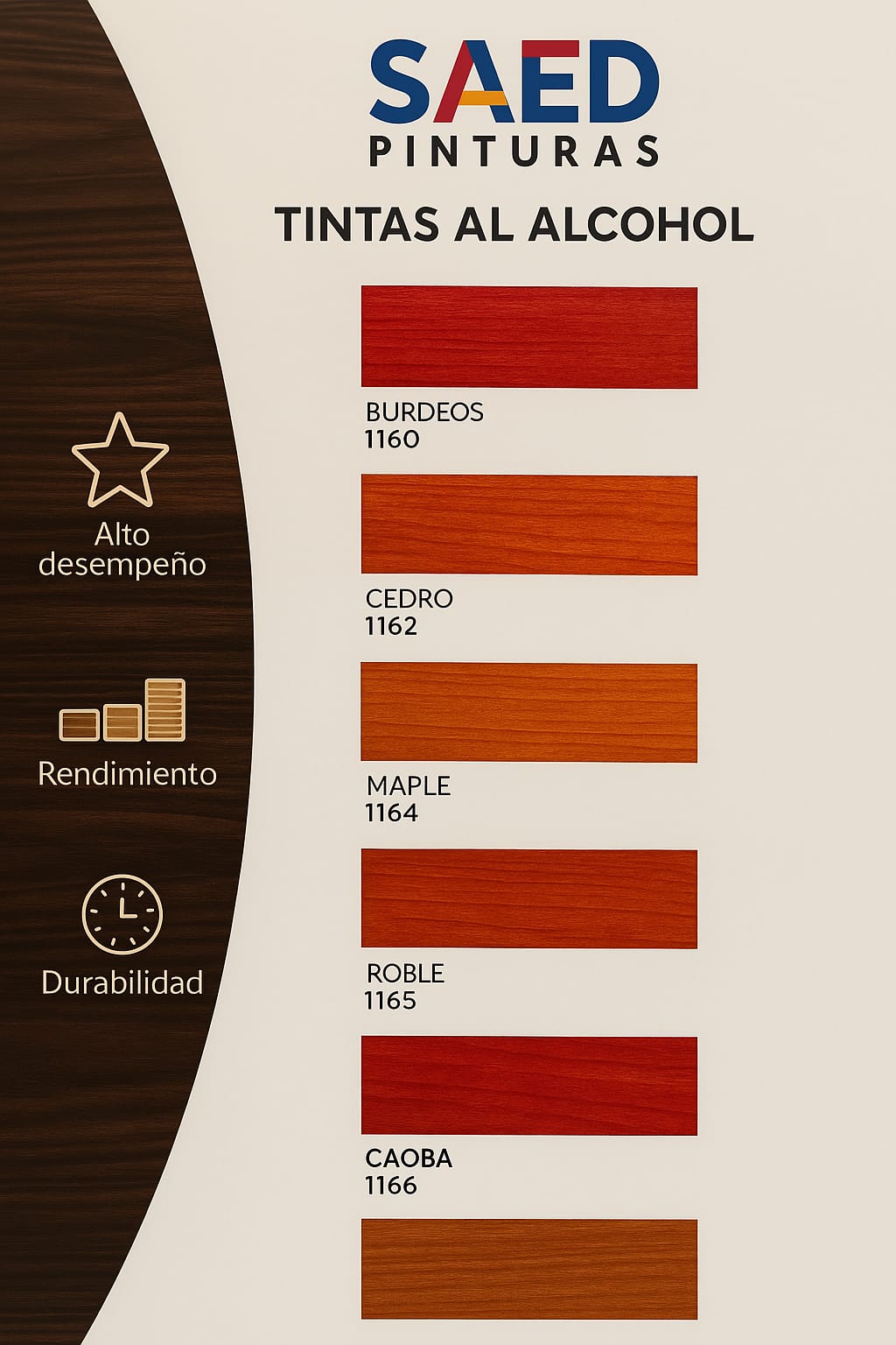 Color swatch chart for SAED Pinturas alcohol-based dyes, featuring five shades: Burdeos, Cedro, Maple, Roble, and Caoba.