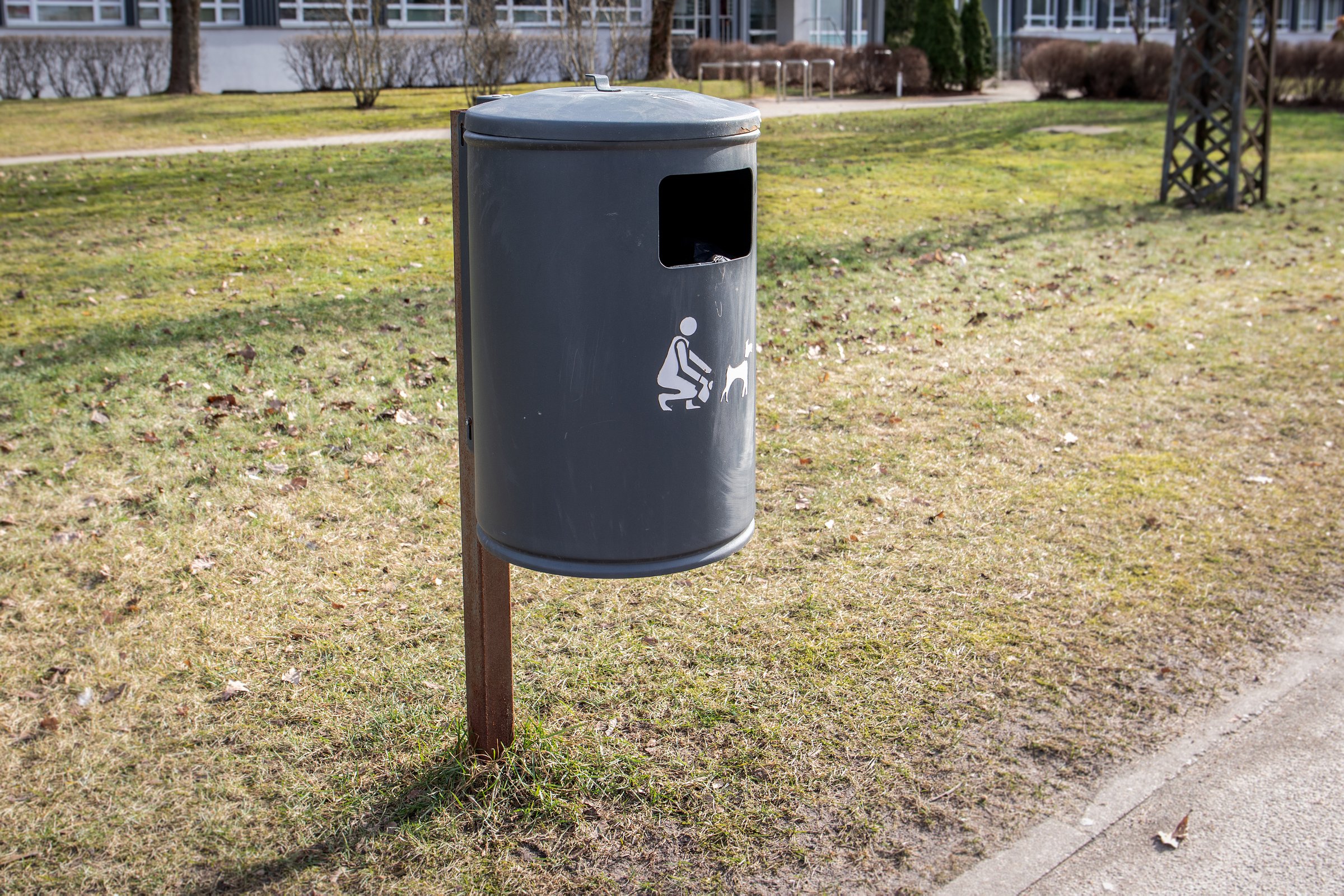 Public Trash Bin for Dog Waste with Icon in Park.