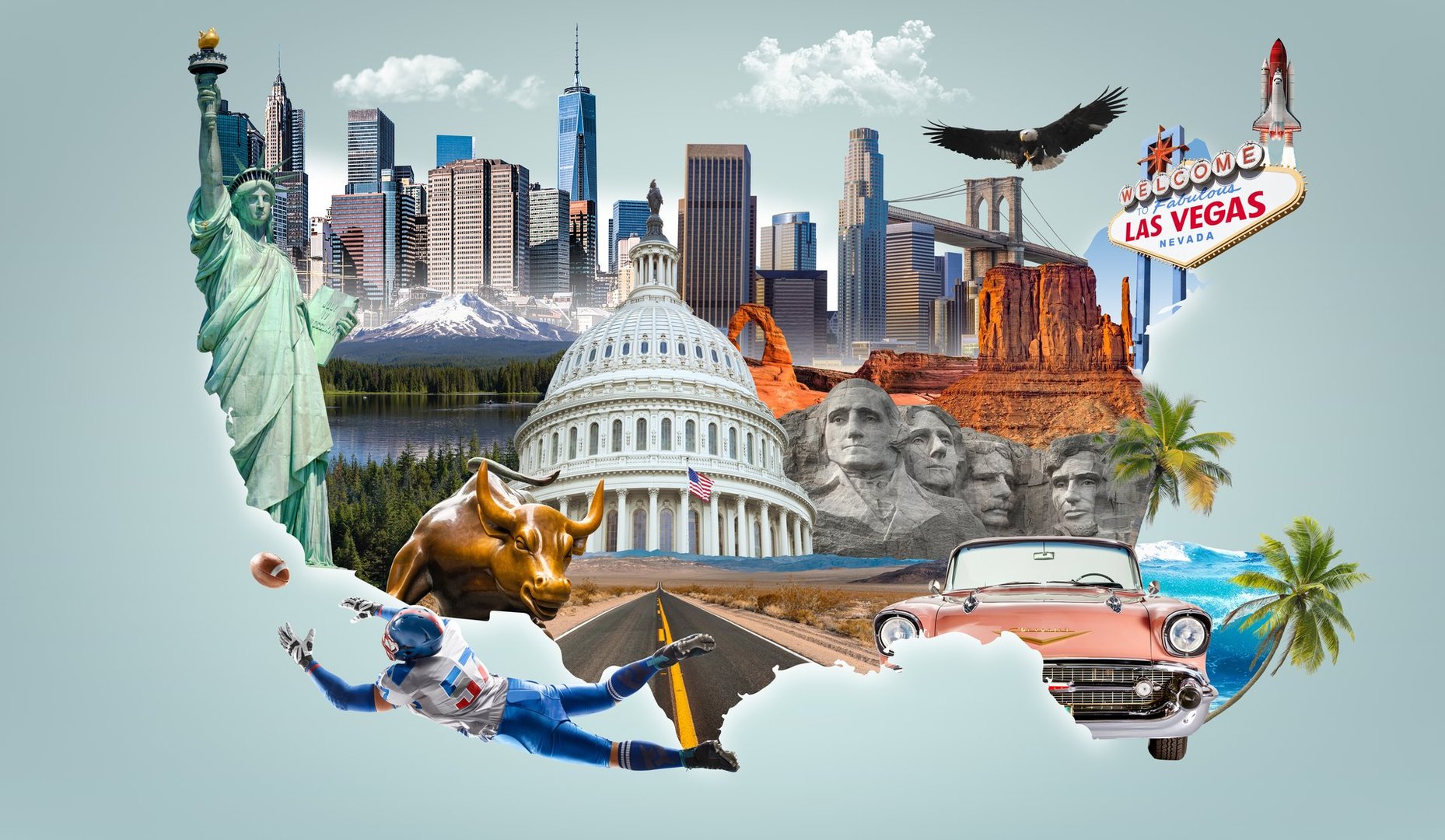 USA map with culture isolated on background. Washington DC, liberty statue, new York skyline and landscape. abstract independence design banner.