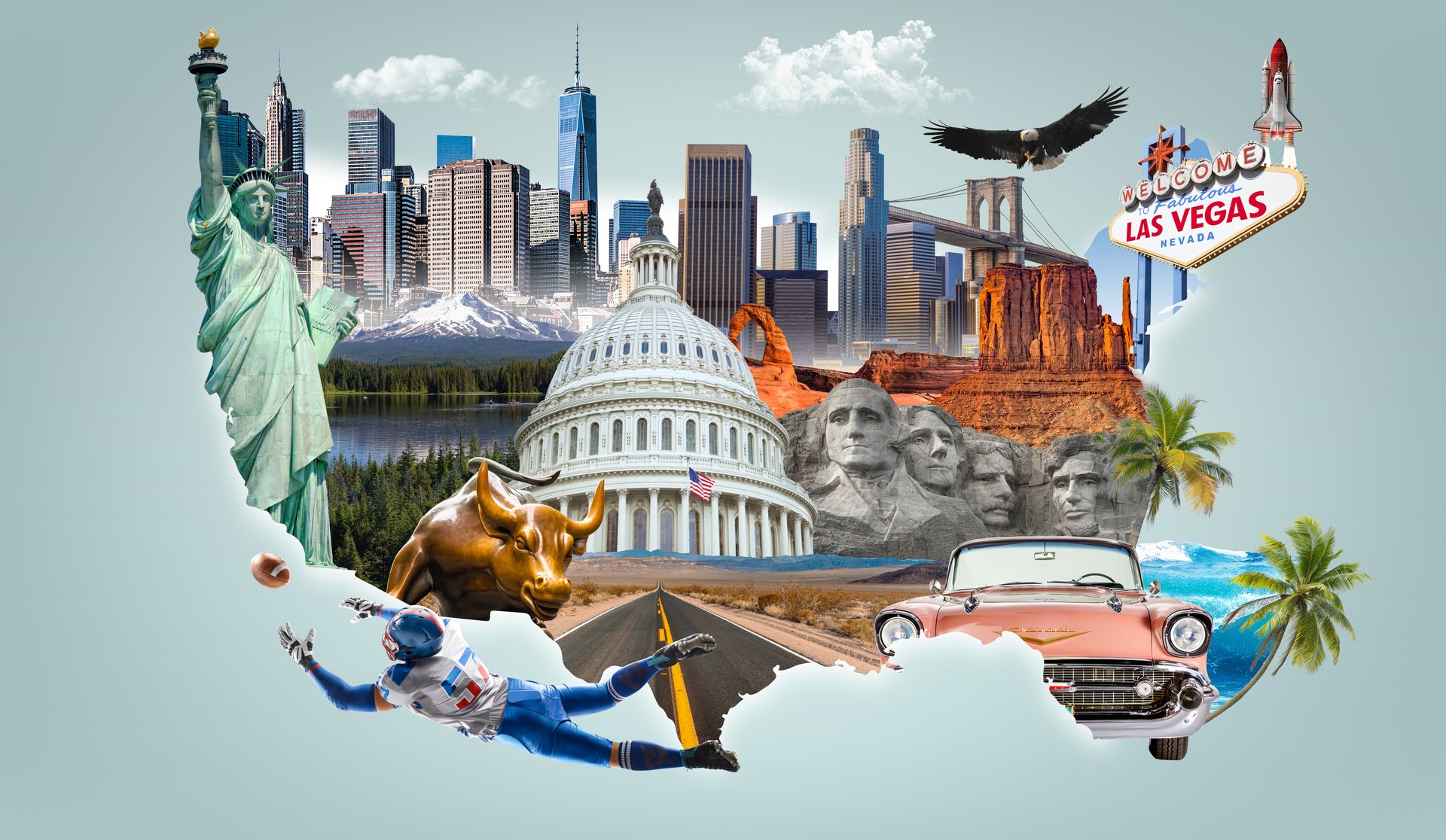 USA map with culture isolated on background. Washington DC, liberty statue, new York skyline and landscape. abstract independence design banner.