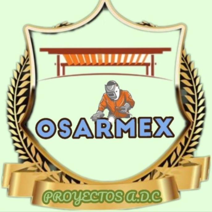 Emblem with a welder in an orange suit, text OSARMEX below, surrounded by laurel leaves and banner PROYECTOS A.D.C.