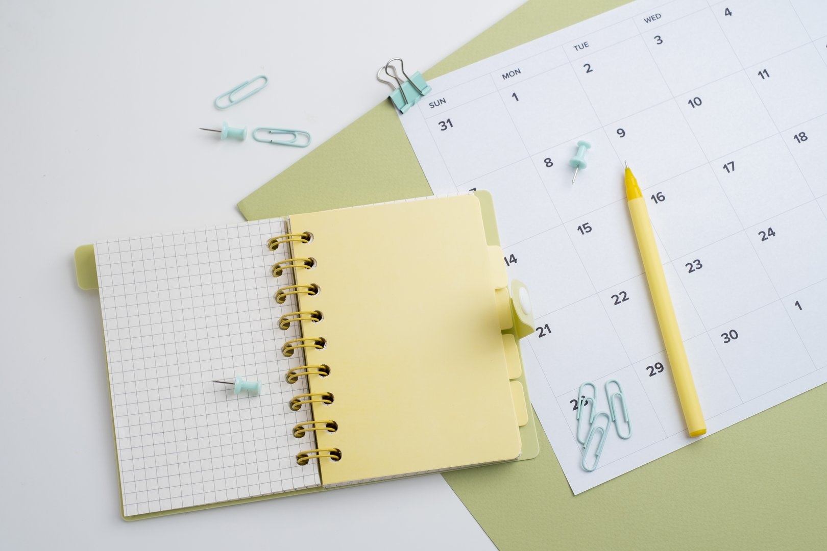 Monthly and yearly calendar. Paper calendar with date. Day planner. Weekly, monthly and yearly schedule. Modern organizer. Business diary. Deadline reminder. Daily events management. Template and grid