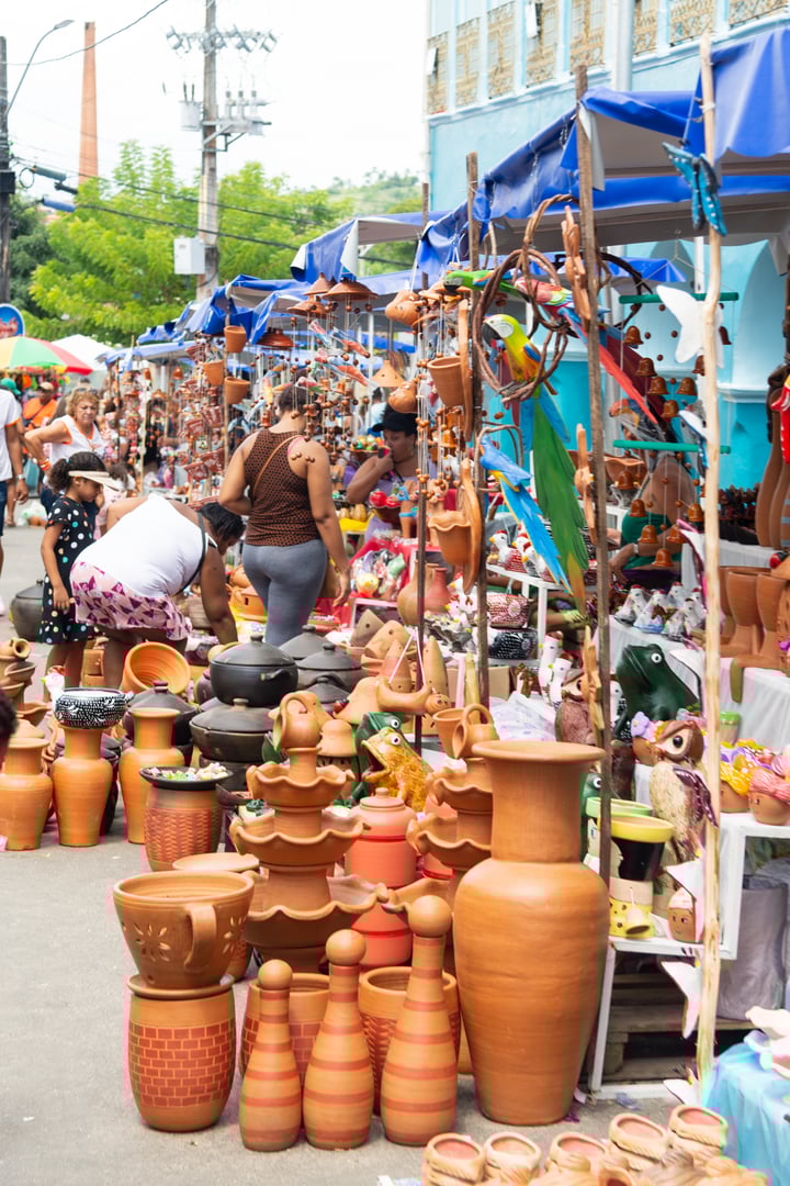 Nazare das Farinhas, Bahia, Brazil - April 08, 2023: Ceramic pieces are on display at the traditional Caxixis fair in Nazare das Farinhas, Bahia.