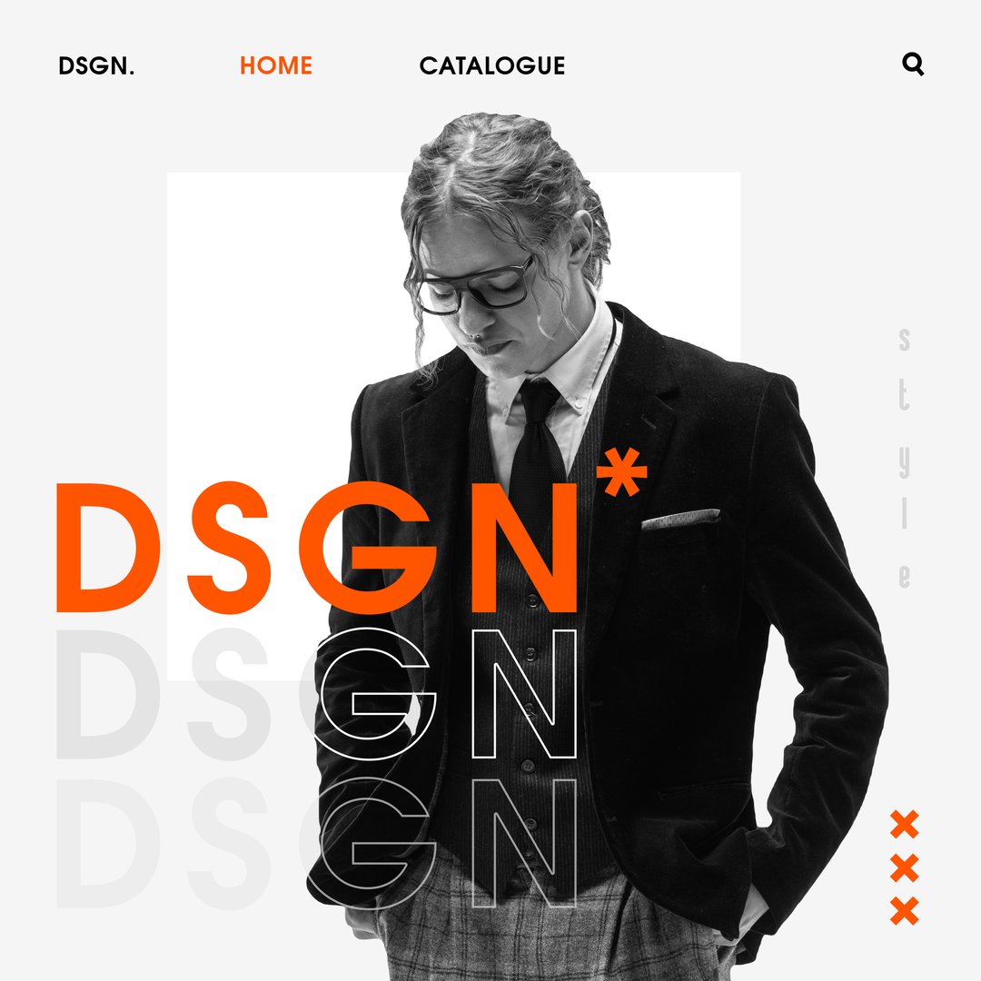 Young man in tailored suit and glasses, standing against sleek monochrome background with bold orange text and reflections. High-end business style. Concept of youth, fashion, trends, design