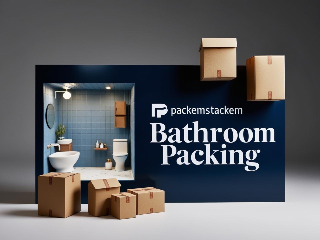 PackEmStackEm Bathroom Packing sign with packing boxes and mini bathroom design