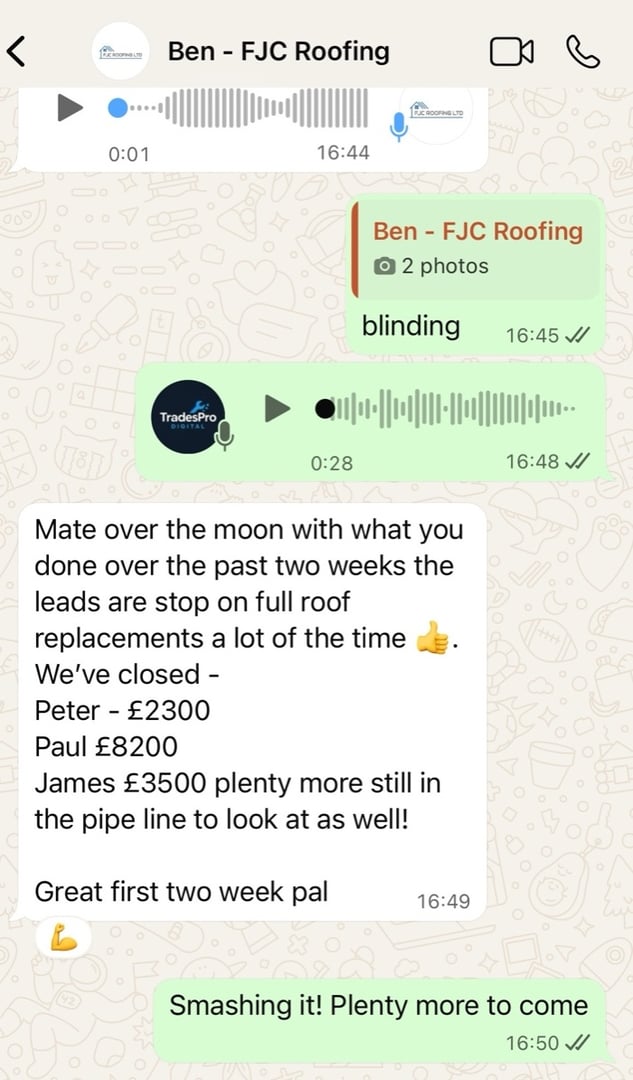 WhatsApp conversation with Ben from FJC Roofing