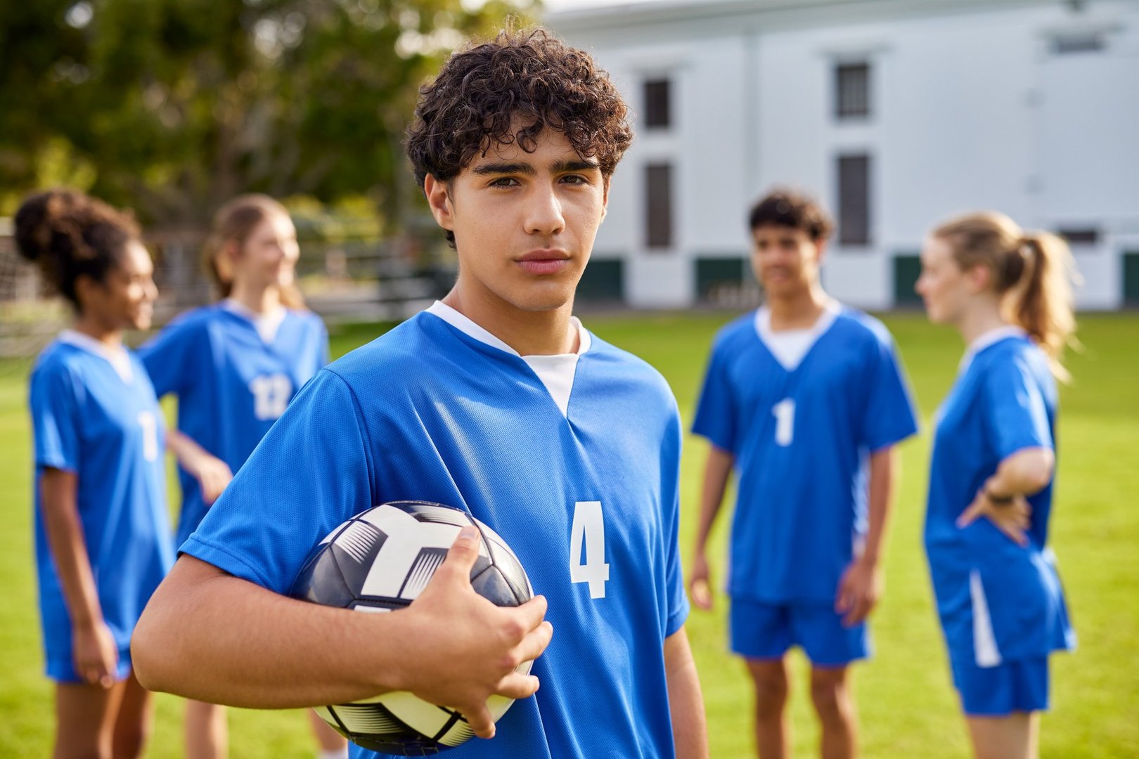 Young athlete in blue jersey with curly hair holding soccer ball with calm and determined expression. Portrait of a focused guy athlete in blue uniform ready for team training or match. Determined high school student looking at camera before starting football practice.