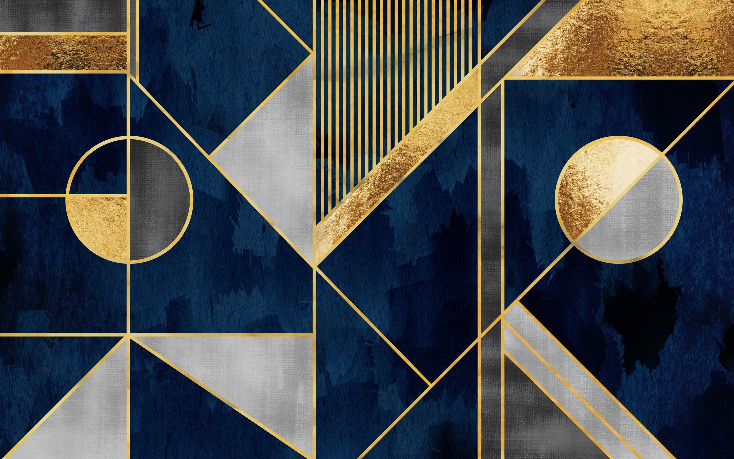 3d modern abstract wallpaper. Golden lines with Gary, blue and golden shapes gold sphere and dark background. carpet and home decoration