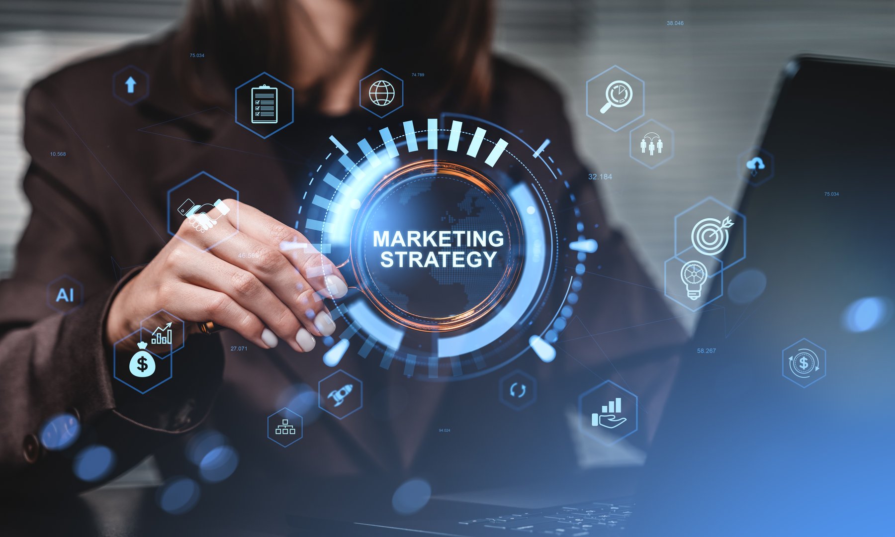 Female professional using futuristic interface with glowing icons and marketing strategy concept in digital style on a blurred office background