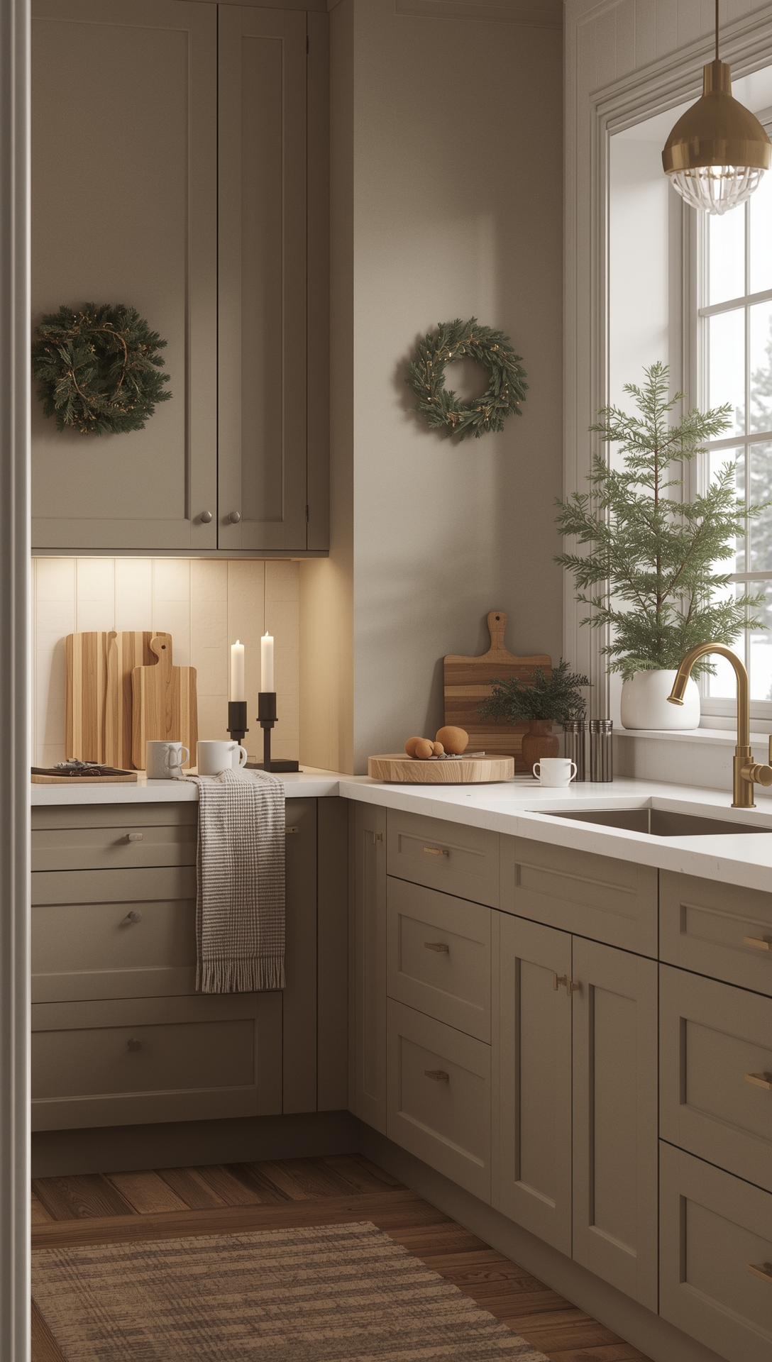 Decorative shelves display holiday items including small trees gingerbread ornaments and cozy wooden accents in a kitchen setting.