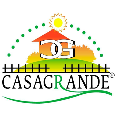 Logo featuring a house with a sun, trees, and the letters 'DG' above 'CASAGRANDE' with a picket fence and green accents.