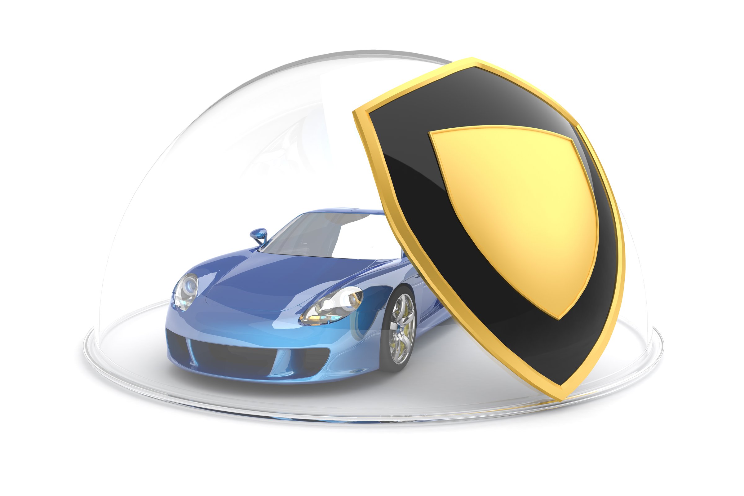 A blue sports car under a transparent dome shield with a large black and gold shield symbol in the foreground.
