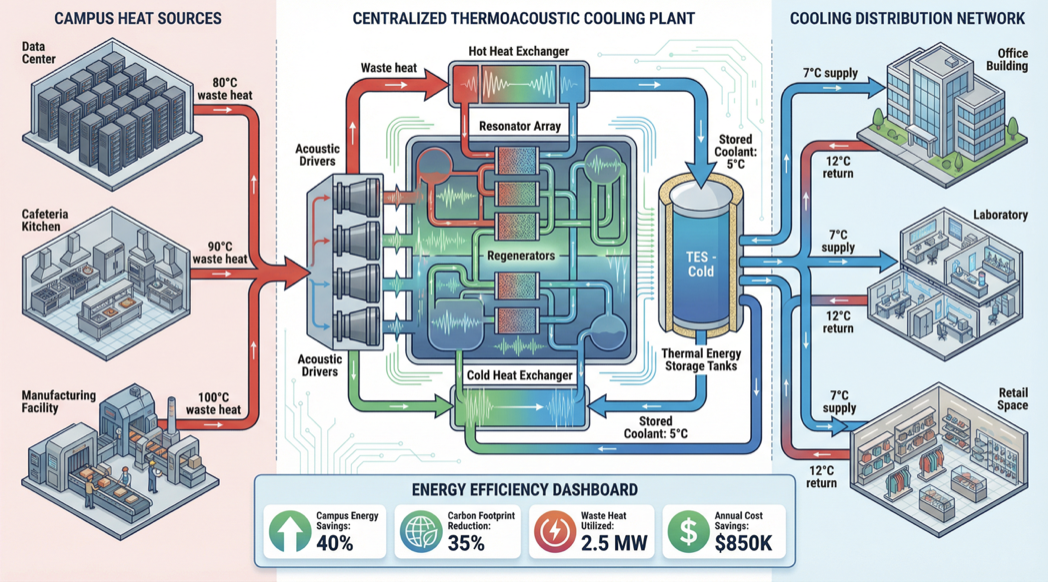 Centralized thermoacoustic cooling plant diagram for corporate campus