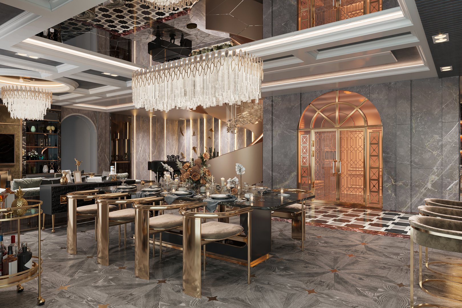 Modern, luxury home showcase dining room through to the living room