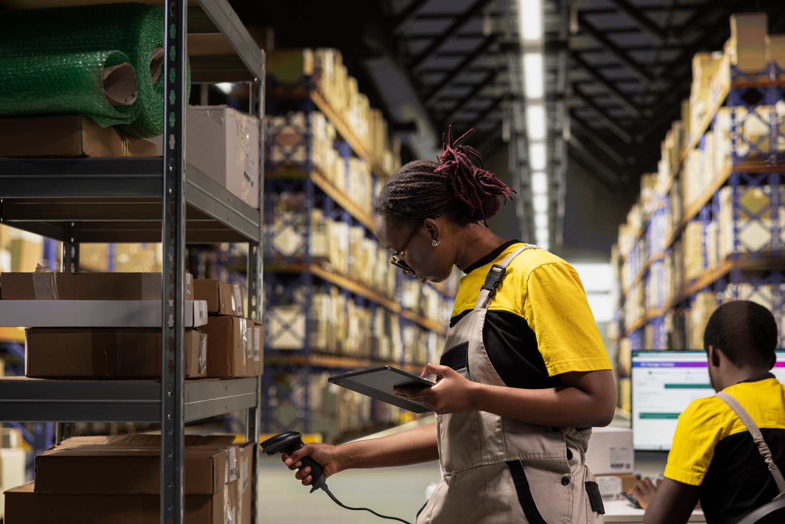 Black female staff using scanner checking airway bill numbers in inventory, solving logistics operations in industrial warehouse. Worker verifying shipping labels near storage racks.