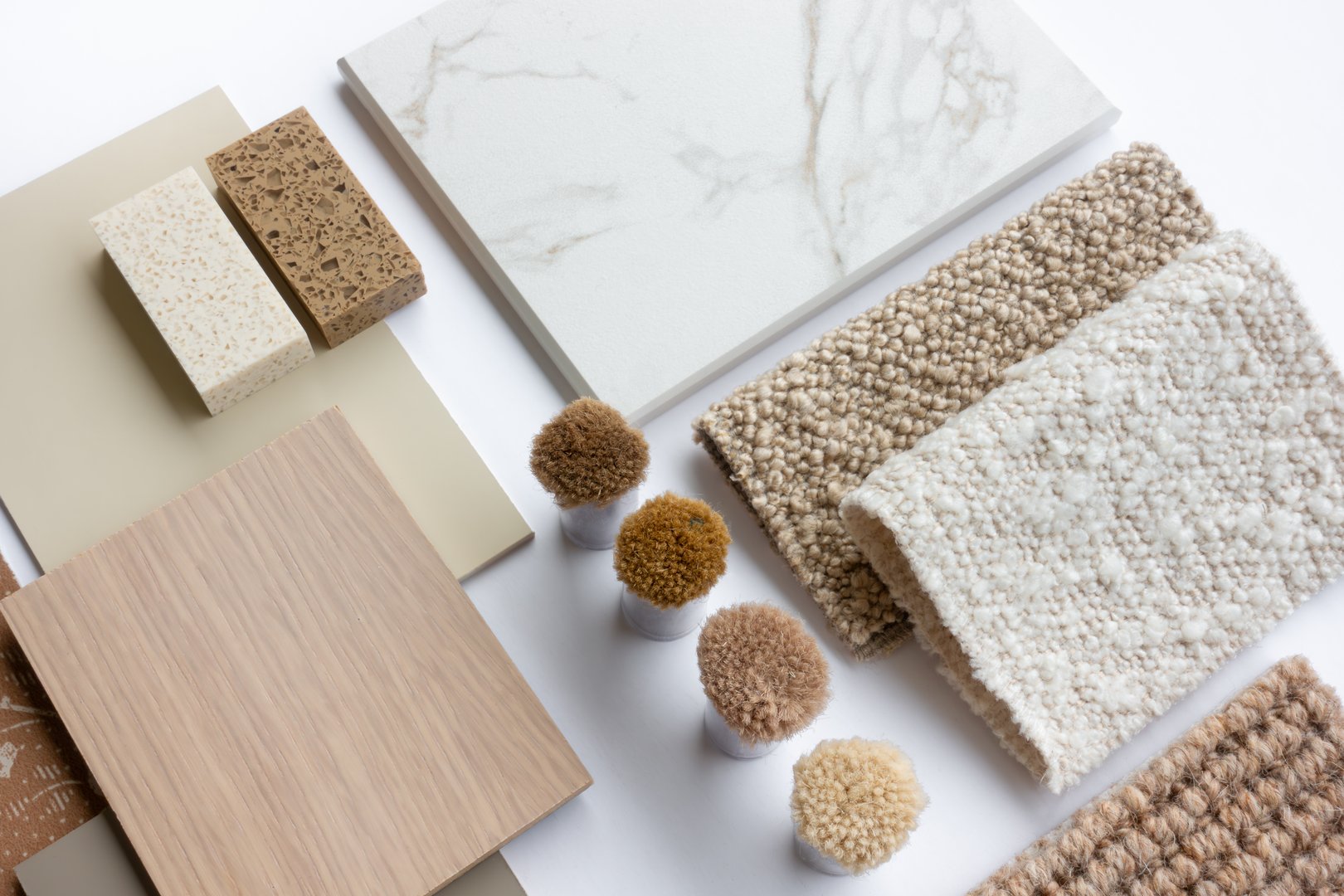 Earthy Brown Natural colored Interior Design Material Sample Board with Fabrics, Carrara Marble, Wood, and Wallpaper for Home Decoration Mood Board Concept