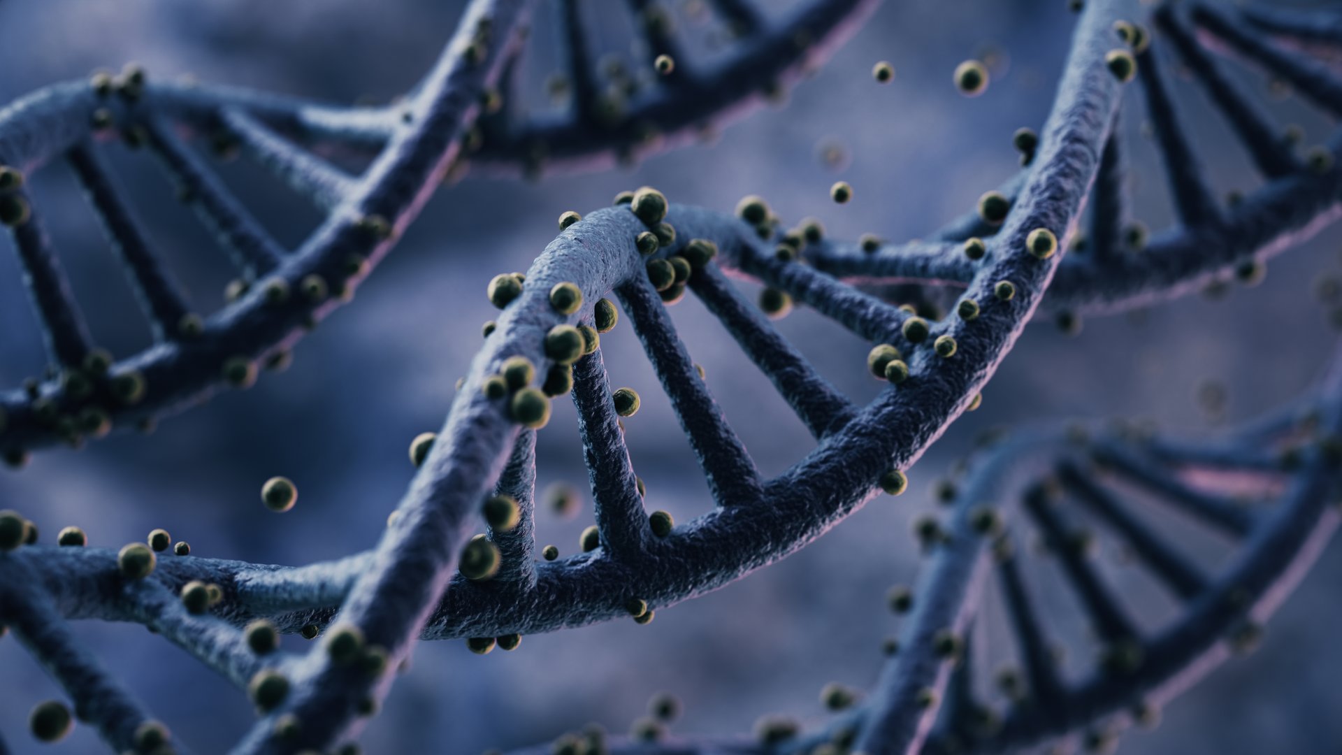 3d rendering Virus cells attacking a DNA on microscope background, Depth Of Field.