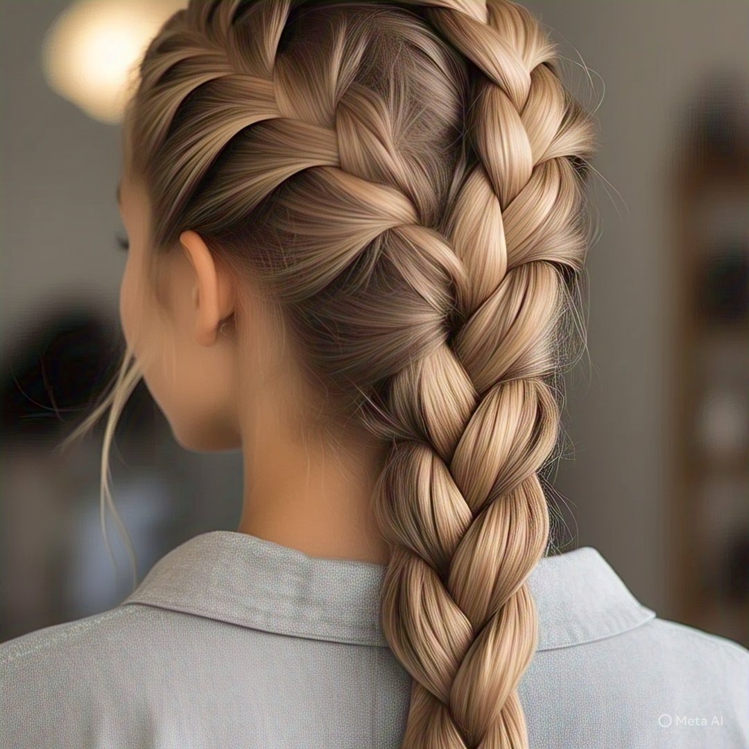 Una persona con el pelo largo y rubio peinado en una pulcra trenza francesa, vestida con una camisa gris claro, vista desde atrás.
