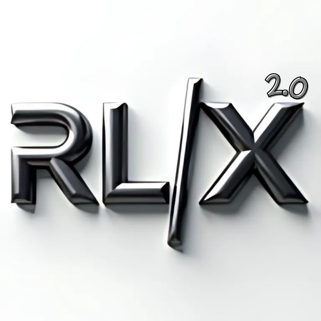 Metallic 3D letters RLX with a diagonal line, and the number 2.0 in the top right corner on a white background.