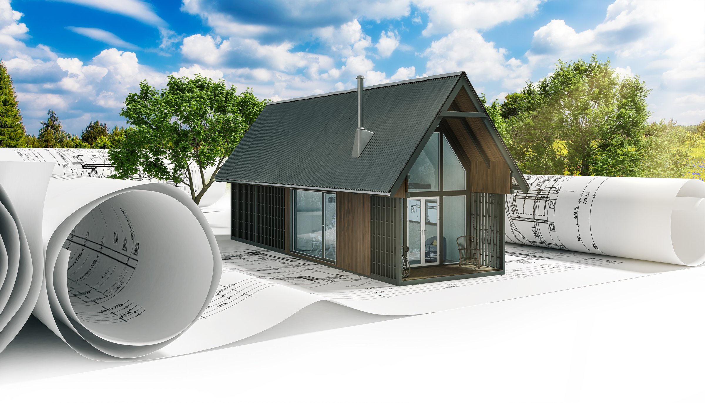 Sustainable building materials in an energy-efficient vacation house with a landscape background - 3D visualization