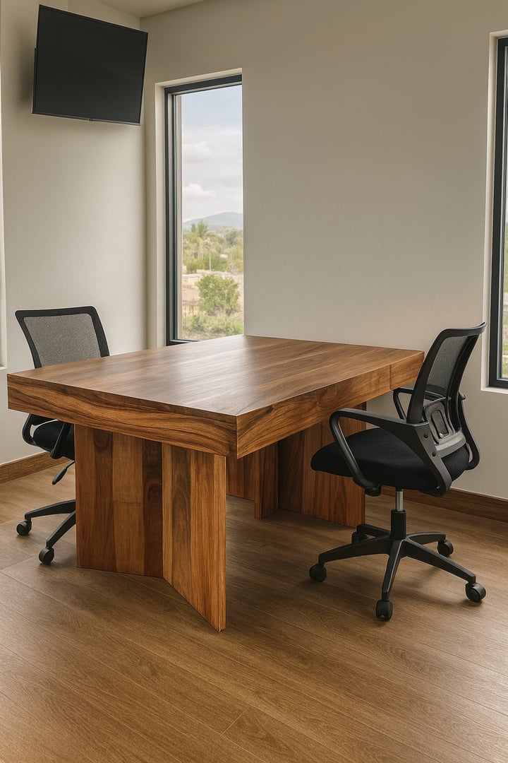 Escritorio ejecutivo de línea moderna, fabricado en madera sólida de tono cálido con vetas naturales marcadas