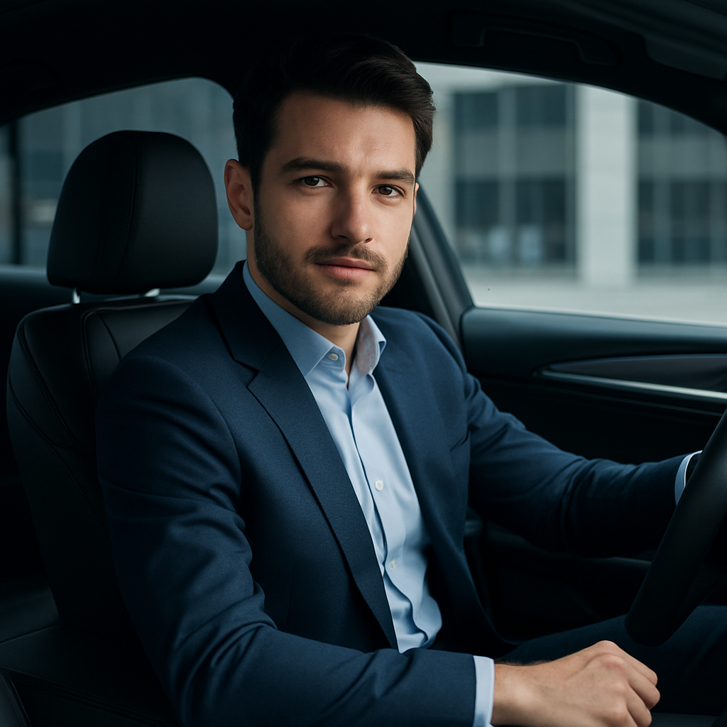A man in a blue suit sits in the driver's seat of a car, looking directly at the camera.