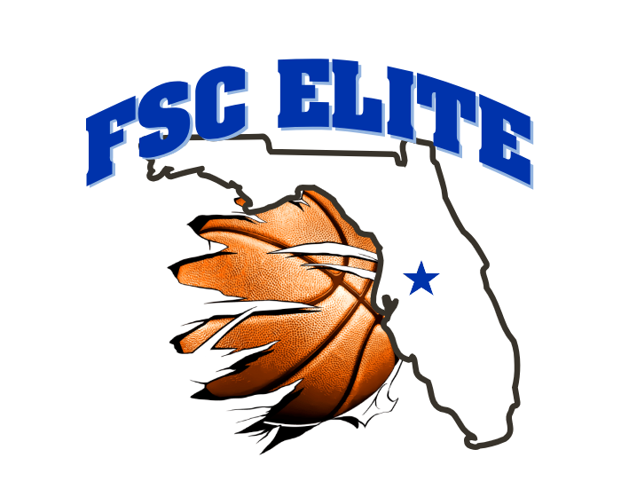 Outline of Florida with "FSC ELITE" text and a basketball graphic bursting through, featuring a blue star in the state.