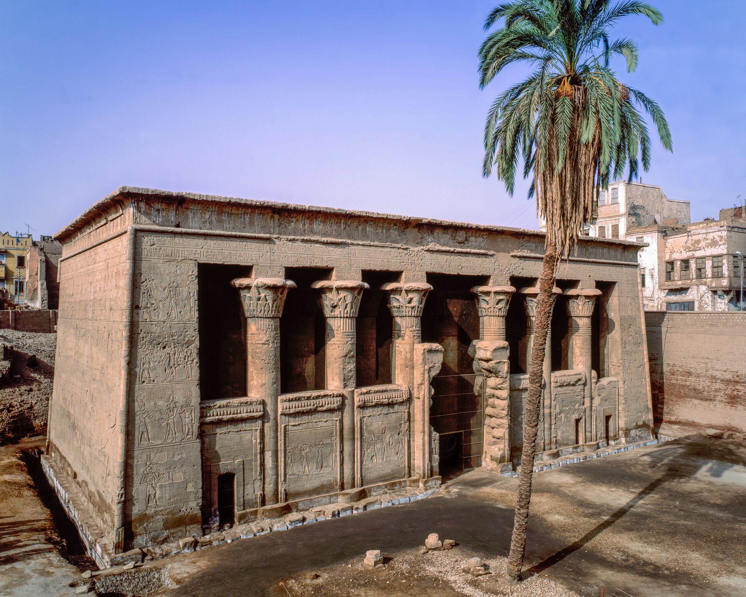 The Temple of Khnum in Esna stands on the west bank of the Nile, south of Luxor. Its pronaos features six rows of four columns with lotus‑leaf capitals.
