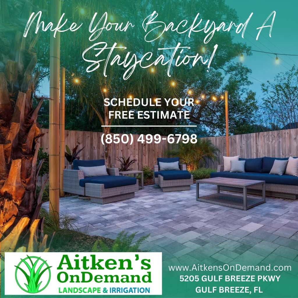 Professional landscaping transformation of outdoor backyard space in Gulf Breeze Florida by Aitken's On Demand showing custom patio and greenery installation