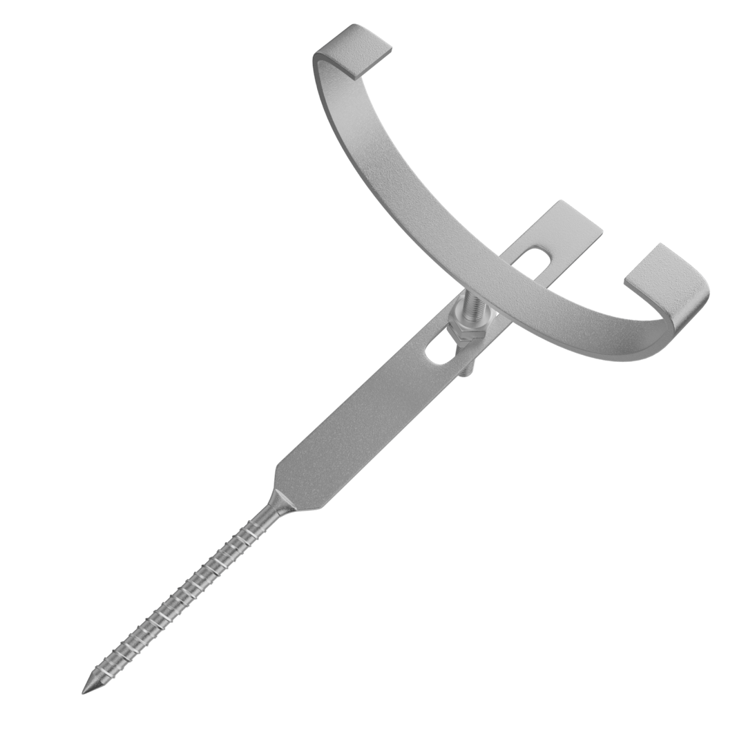 A metal bracket with a long screw attached, featuring a circular support ring and slots for mounting or adjustment.