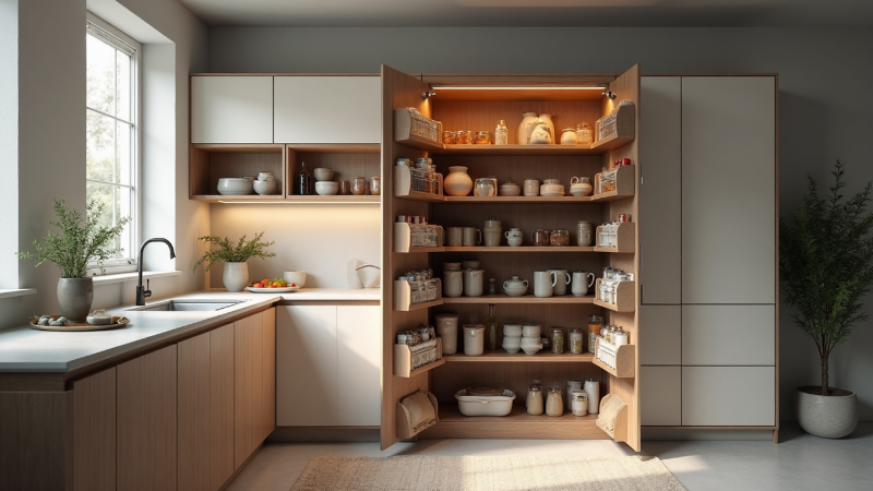 Modern kitchen interior showing wooden countertop with various baking ingredients and utensils arranged neatly, empty space emphasizing preparation area for cooking or baking
