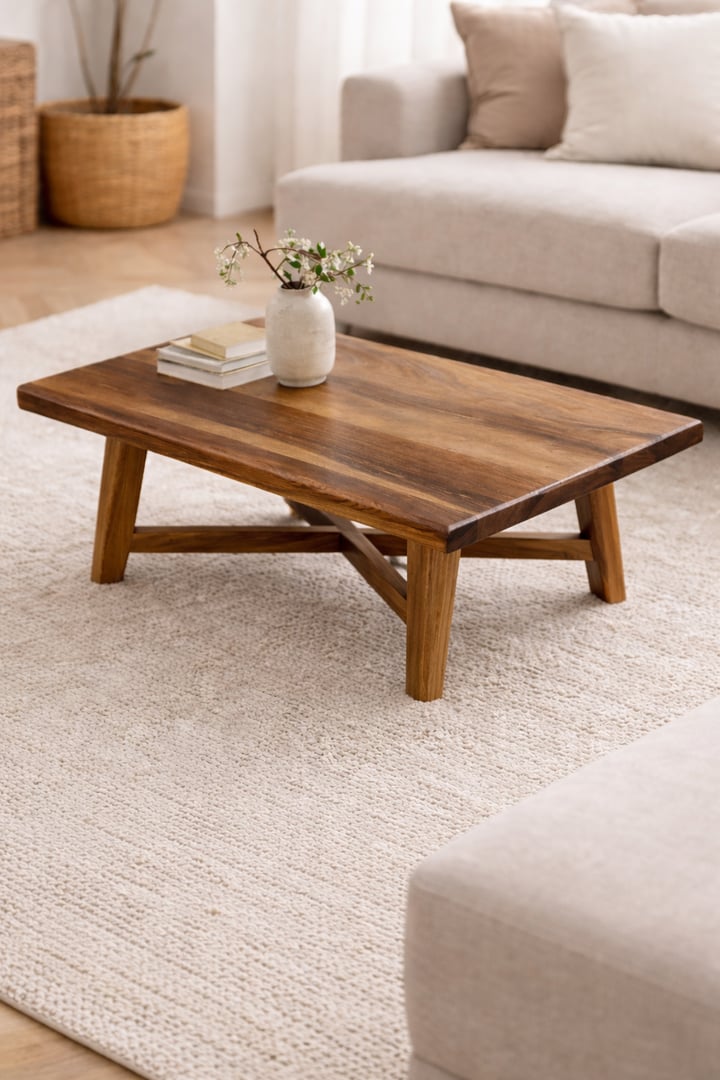 Mesa de centro rectangular con cubierta de madera maciza de veta marcada, bordes biselados y base de 4 patas rectas con travesaños en X