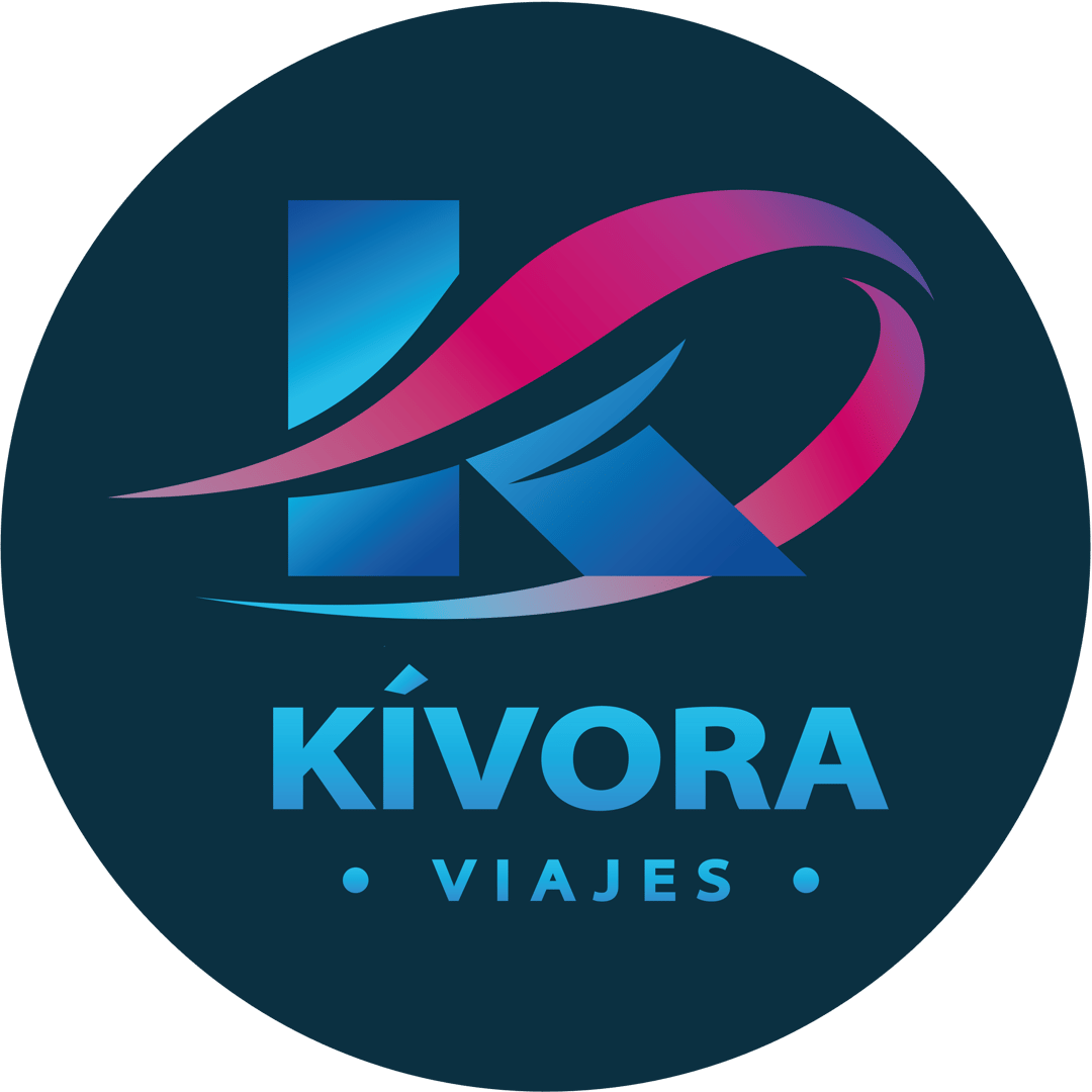 Logo of Kívora Viajes with stylized "K" and swoosh design in blue and pink against a dark blue circular background.