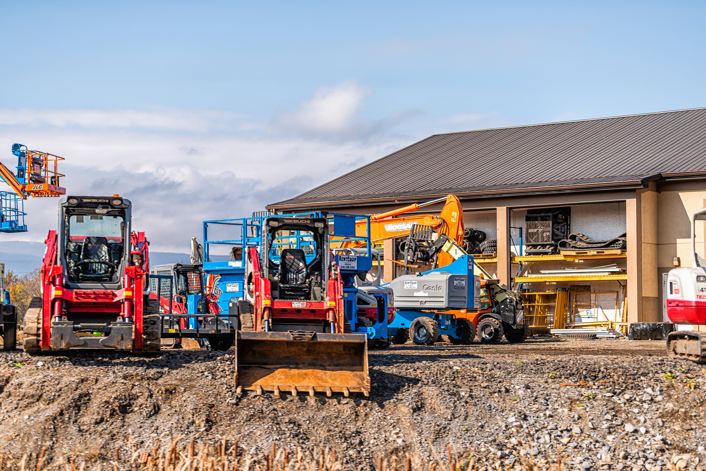 Elkton, USA - October 27, 2020: RentEquip local rental agency business renting heavy equipment machinery for construction sites such as boom lifts, forklift
