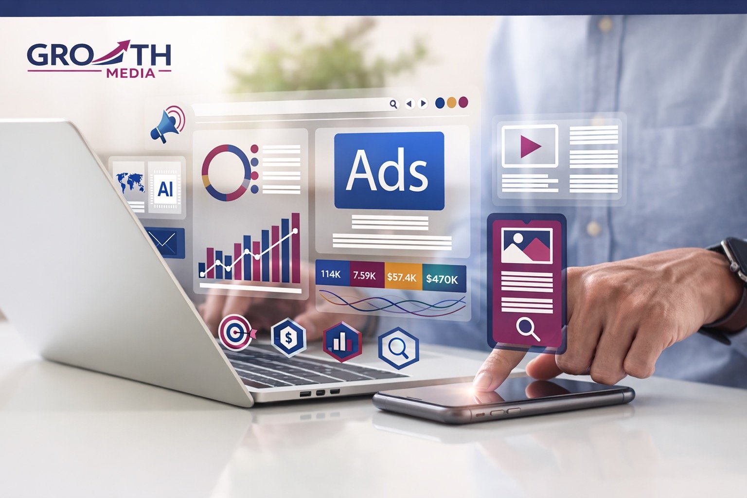 Digital marketing concept, Businessman using laptop with Ads dashboard digital marketing strategy analysis for branding. online advertisement, ad on website and social media. SEO. SMM.