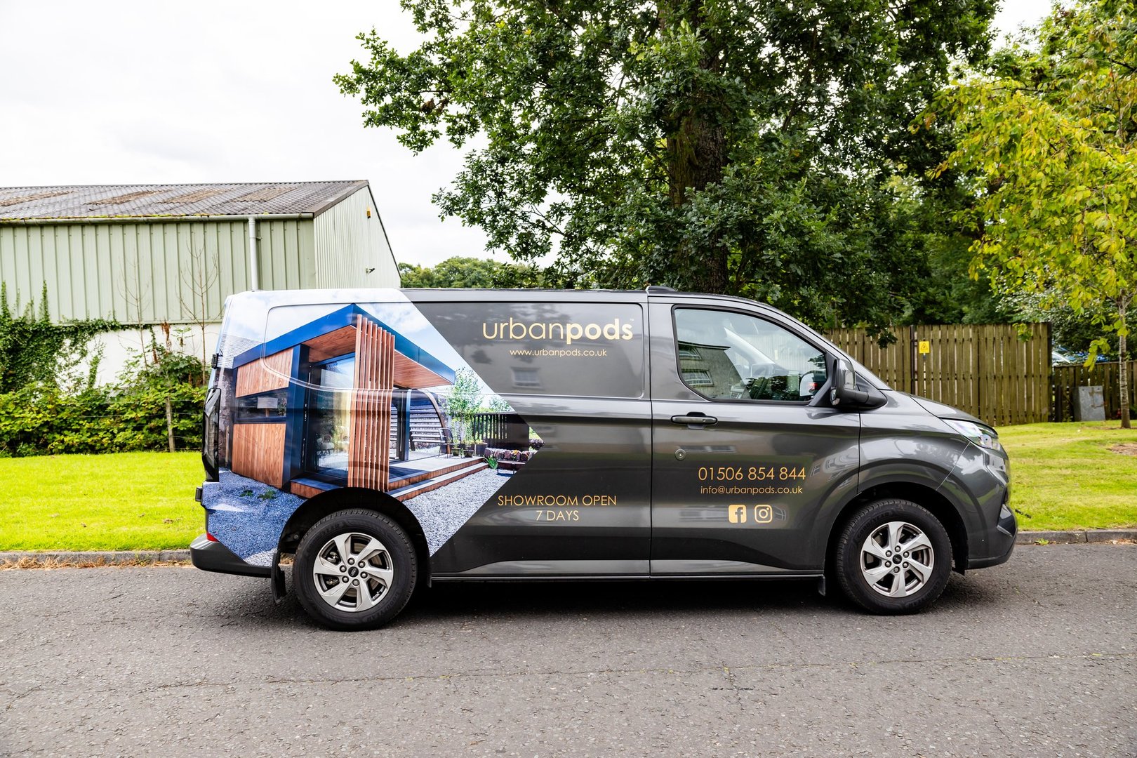 Cardross, Argyll and Bute, Scotland, UK. 07/29/2024: Urban Pods Van.  The van's side panel displays an advertisement for Urban Pods, showcasing their products and contact information. Cardross, Argyll and Bute, Scotland, UK.