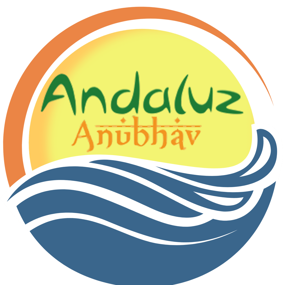 Logo with sun, waves, and the text Andaluz Anubhav in green and orange on a circular design.