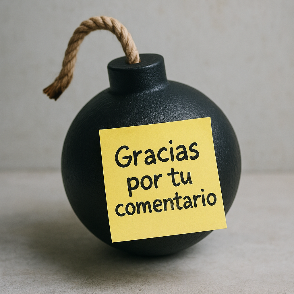 A black bomb with a rope fuse and a yellow sticky note saying "Gracias por tu comentario" in Spanish.