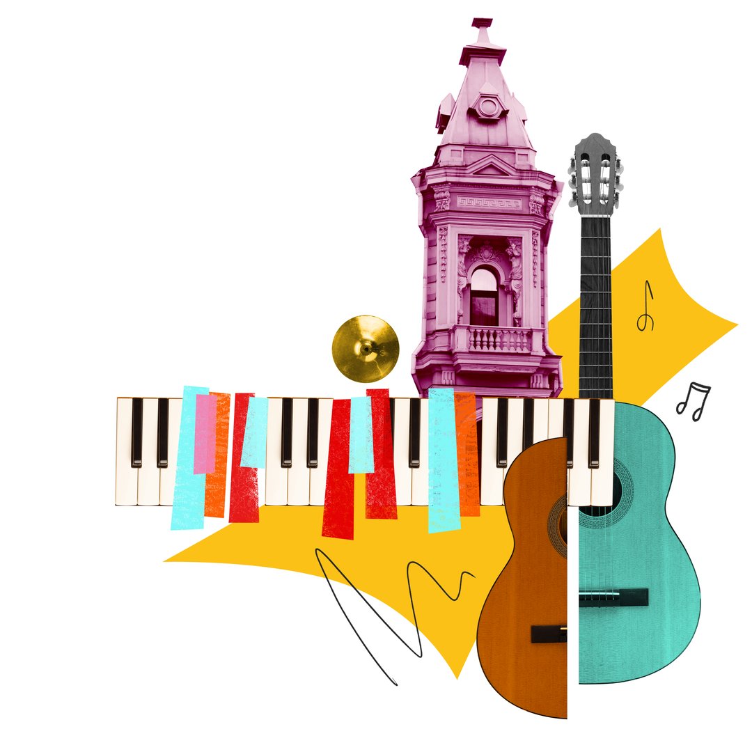 Poster. Contemporary art collage. Turquoise guitar, bright pink church tower, and colorful piano keys come together. Concept of music festivals, concert and parties.