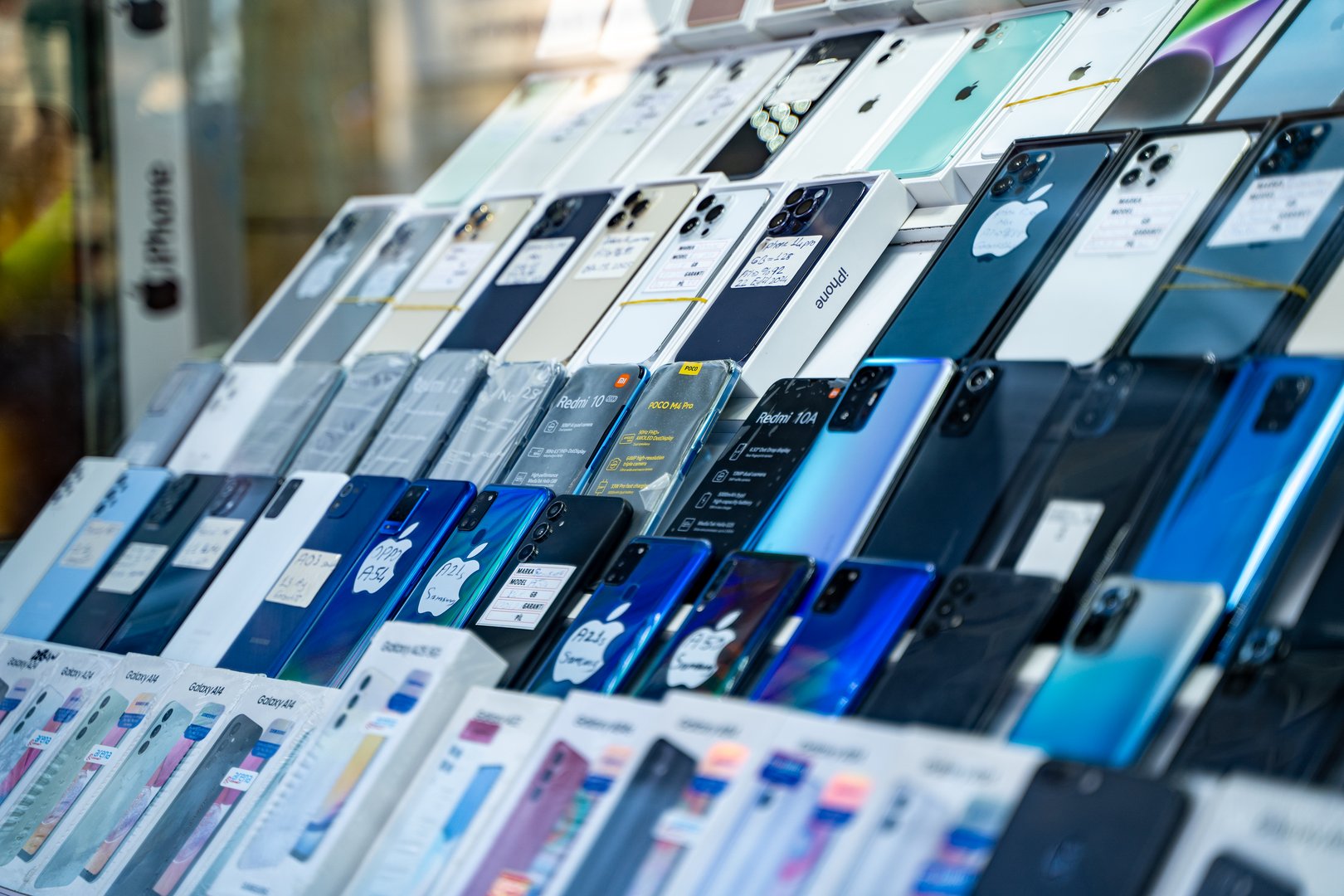 Second hand phones in the phone shop. Sanliurfa, Turkey - March 20, 2024.