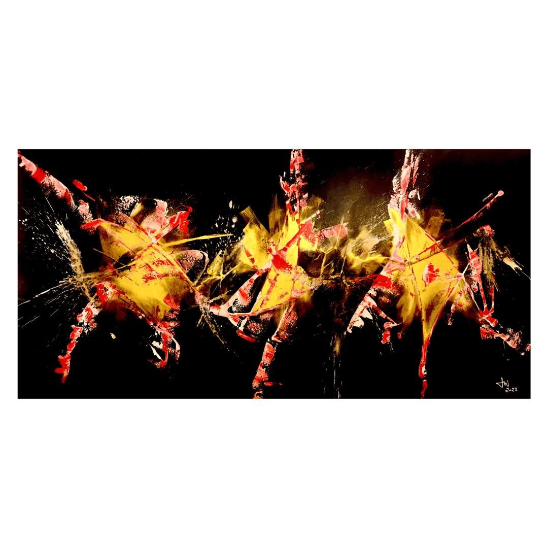 Abstract painting with splashes of yellow and red on a black background, creating a dynamic, explosive visual effect.