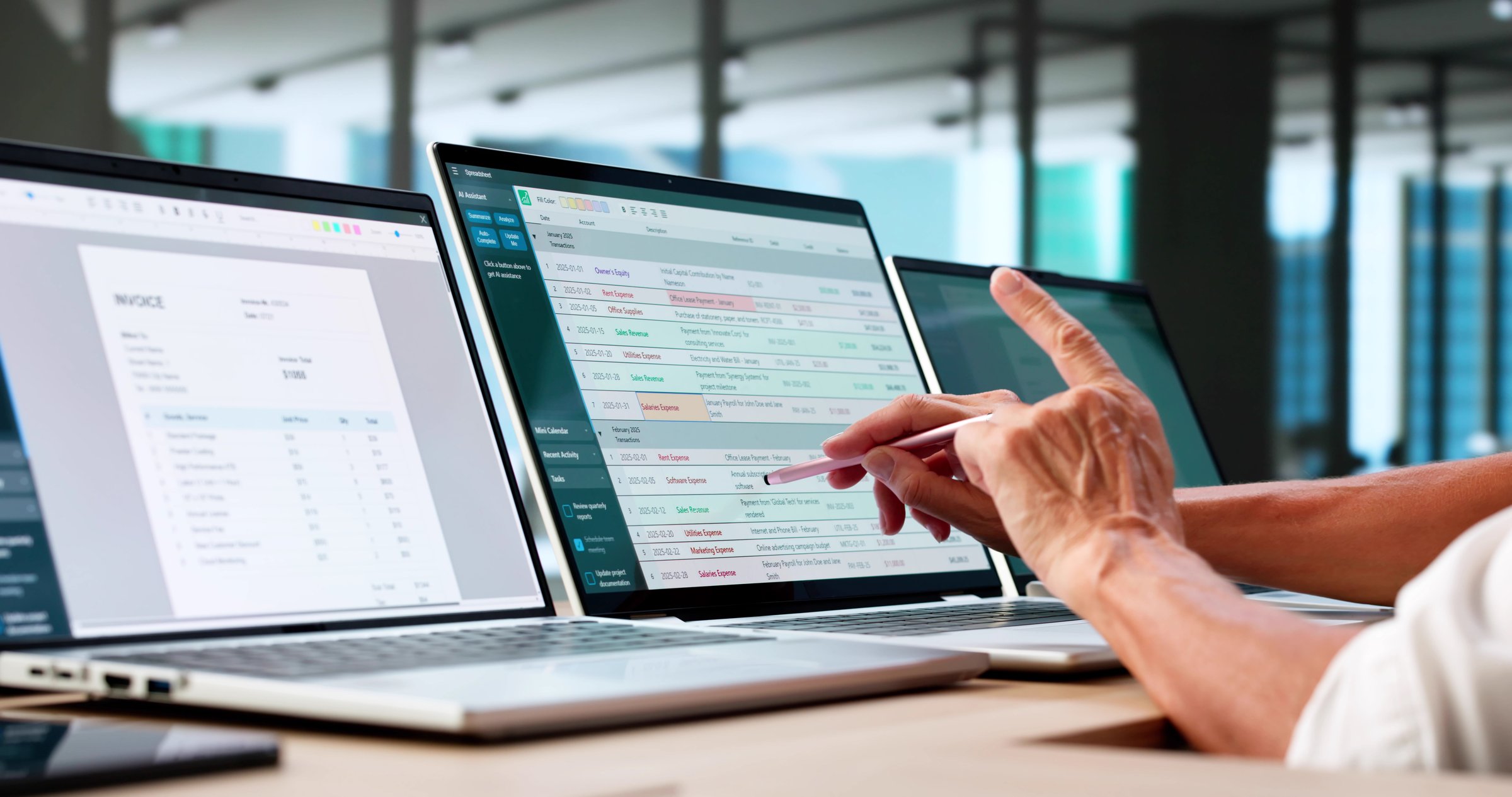 Financial Audit: Female Accountant Reviewing Invoices And Spreadsheets On Computer Monitors