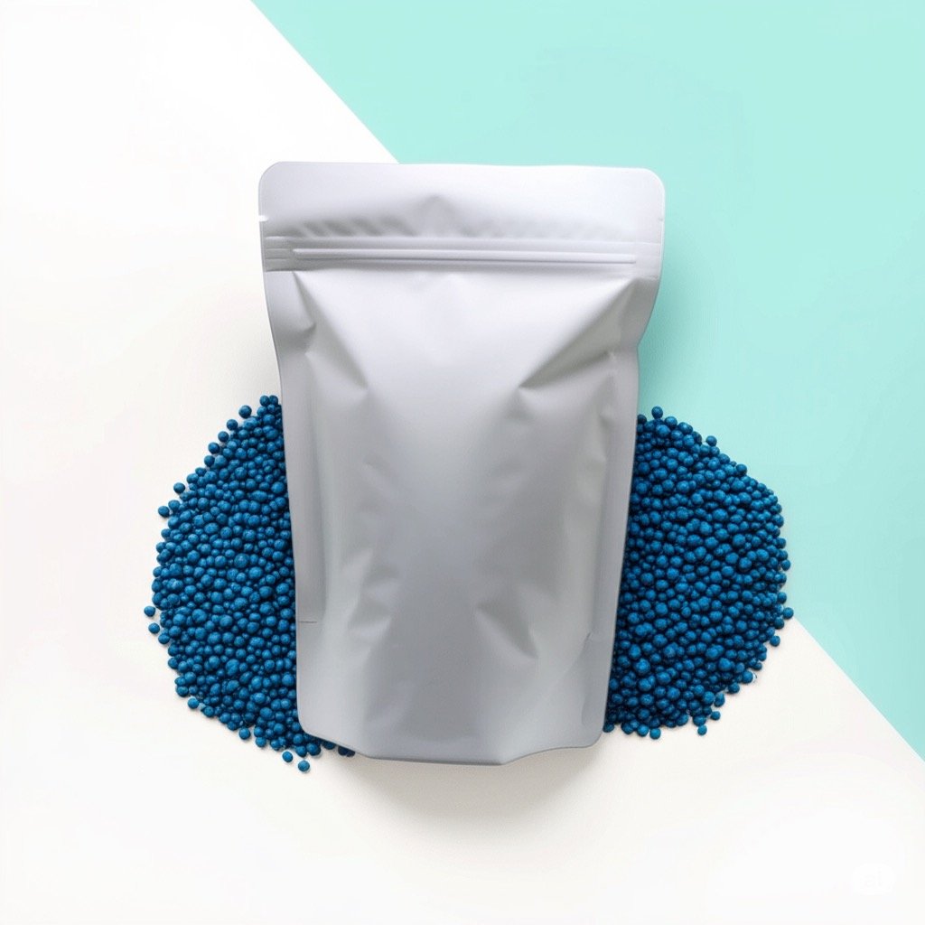 Silver stand-up pouch on scattered blue granules against a white and light blue background.
