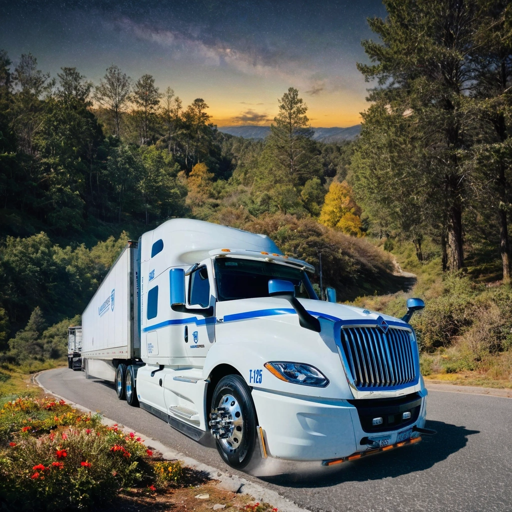 A white semi-truck driving on a road through a scenic forest landscape with a colorful sunset in the background.