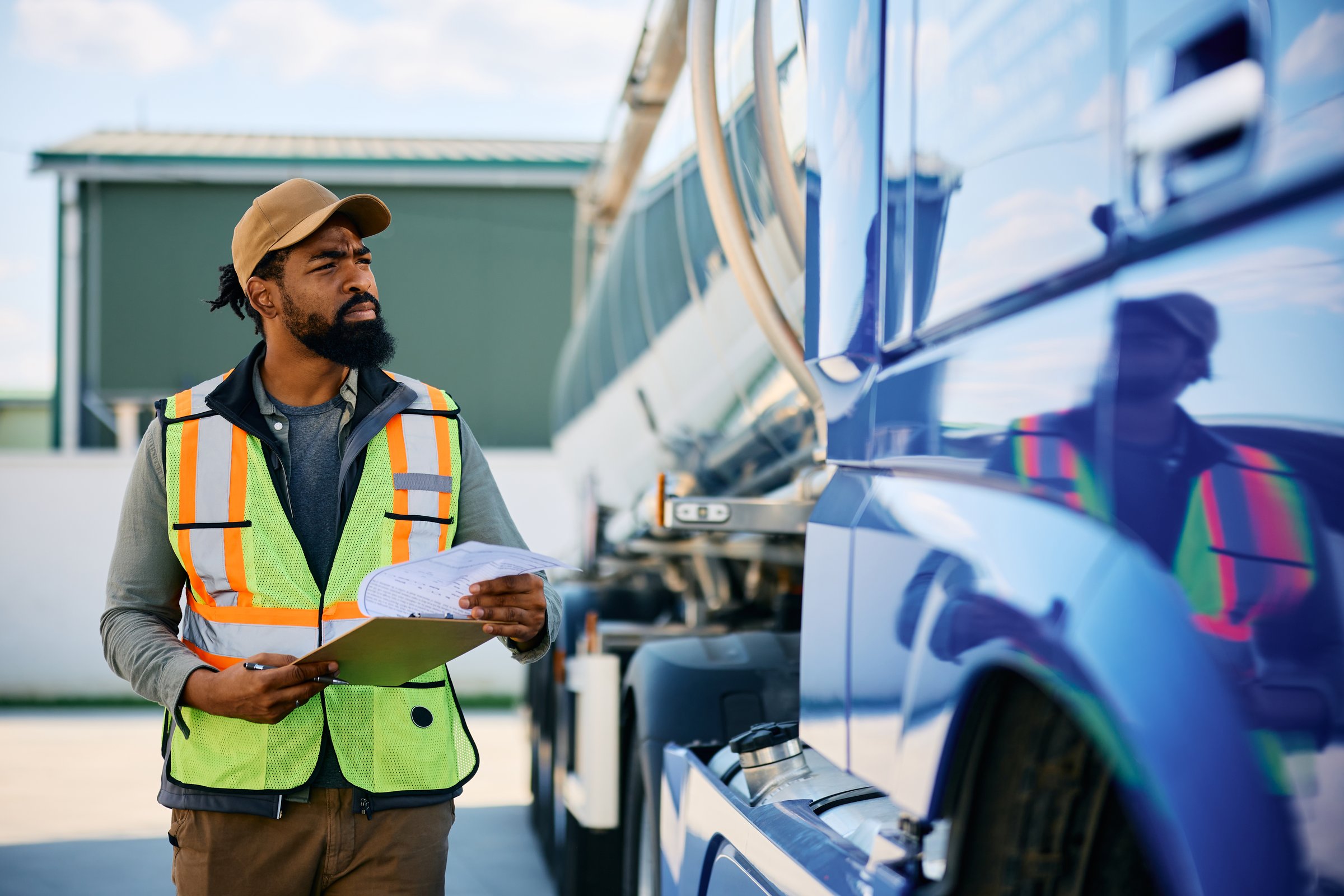 African American truck dispatcher inspecting a vehicle on a parking lot.