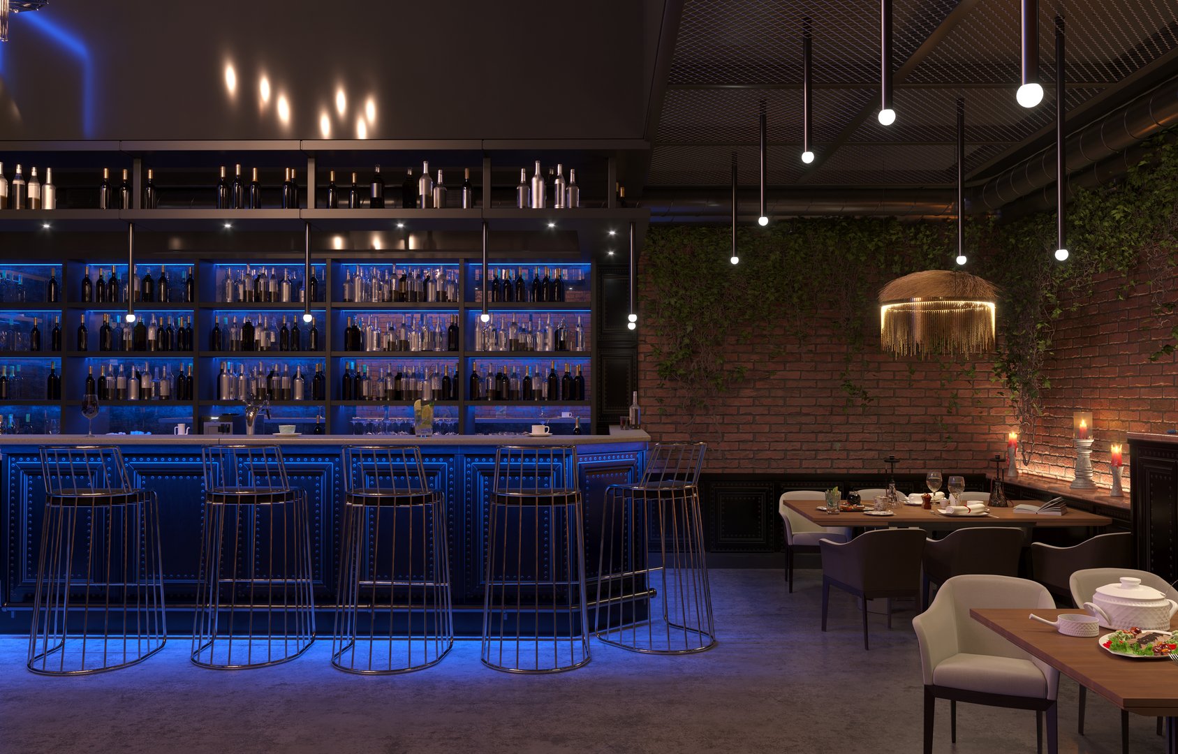 bar counter in a nightclub, interior visualization, 3D illustration, cg render