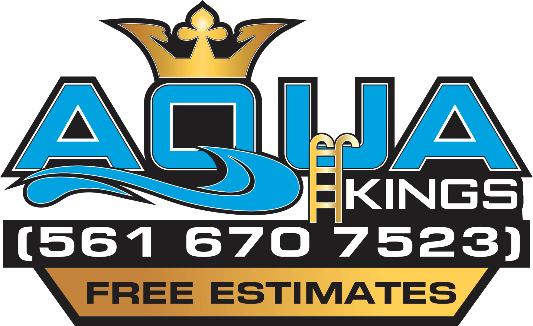 Aqua Kings logo with a crown, wave design, phone number 561-670-7523, and Free Estimates banner at the bottom.