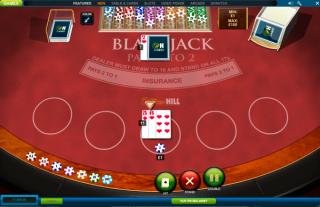Digital blackjack game showing a hand of two red fives. The dealers card is a five of clubs. Various game controls are visible.
