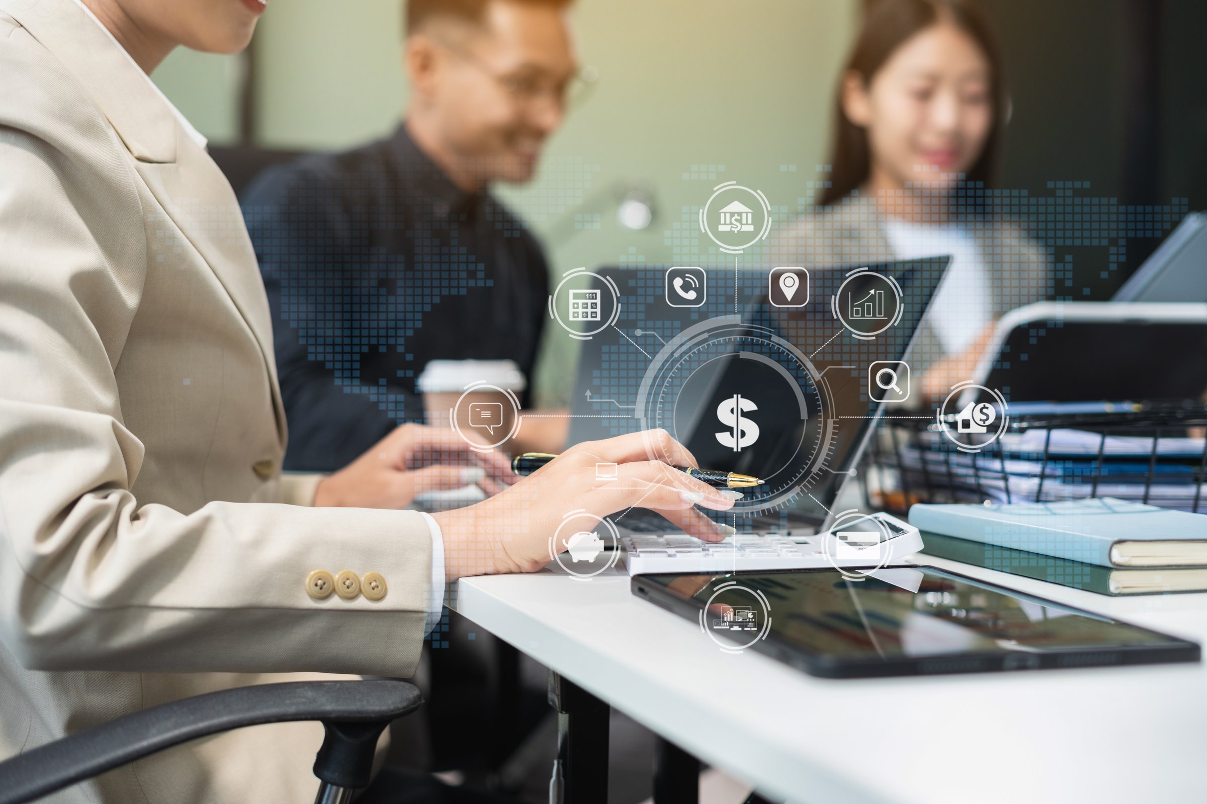 Business people discussing on performance revenue in meeting. businessman working with co-worker team. financial adviser analyzing data with investor at home office.